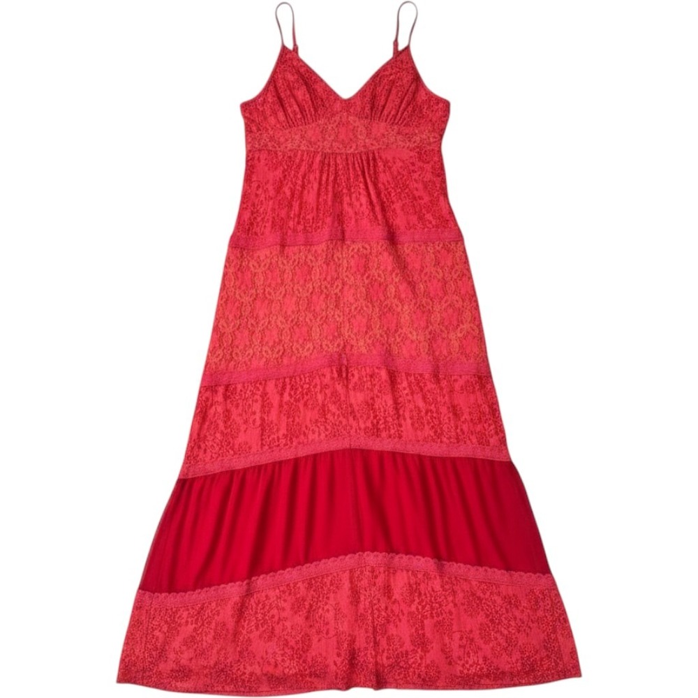 American Rag Cie Red Lace Tiered Maxi Dress Floral Smocked Back Size L